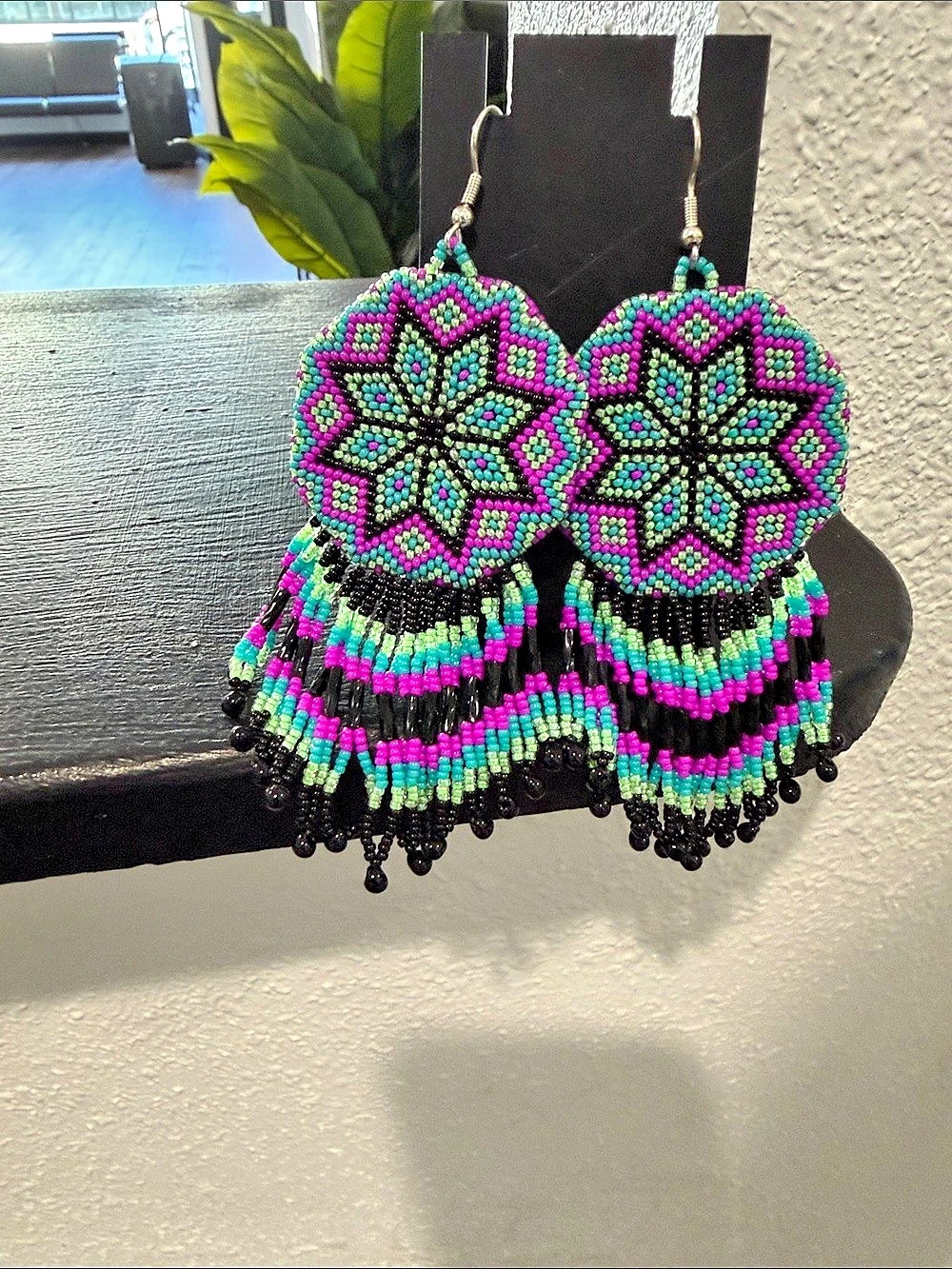 Native Hand Beaded Fringe Earrings in Black & Pink